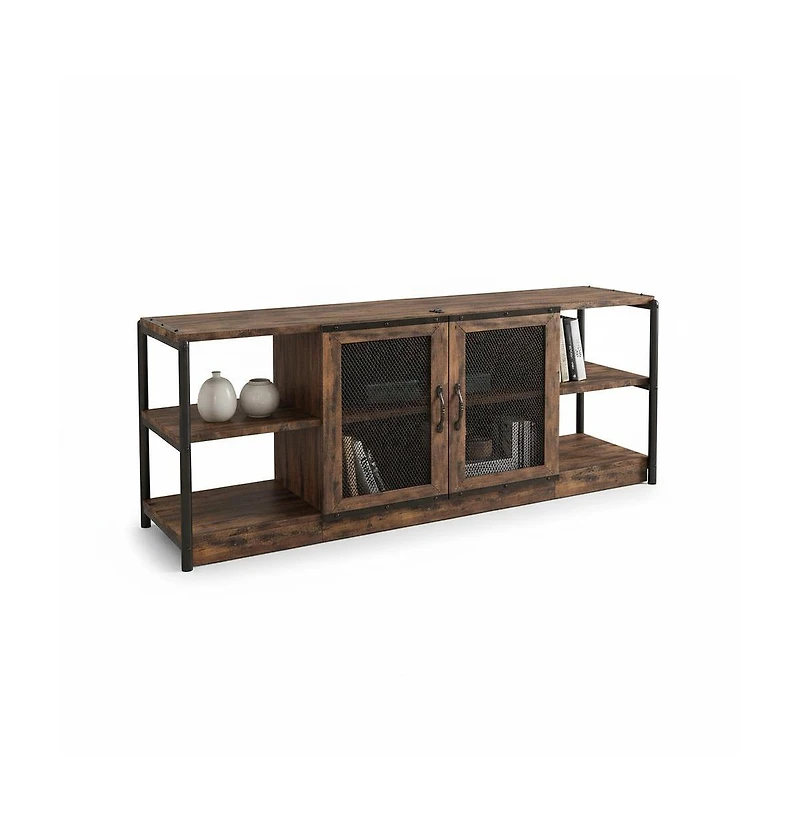 homfan Industrial Farmhouse Tv Stand for 65+ Inch - Gray Media Console with Mesh Doors and Adjustable Shelves, Heavy-Duty Metal Frame