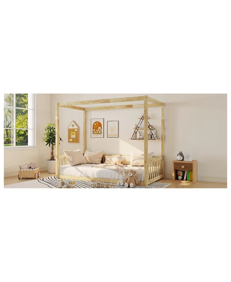 Streamdale Furniture Twin Size Canopy Frame Floor Bed with Fence Guardrails