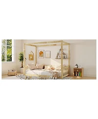 Streamdale Furniture Twin Size Canopy Frame Floor Bed with Fence Guardrails
