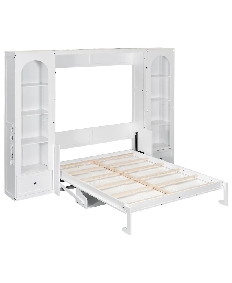 Streamdale Furniture Queen Size Murphy Platform Bed with Shelf Side Cabinets Drawers and Led