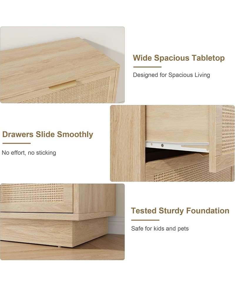 gaomon 6 Drawer Rattan Dresser for Bedroom, Natural Wood Chest of Drawers with Integrated Legs, Rattan Dresser for Hallway, Entryway and Closet