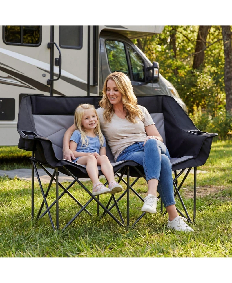 Sugift 2-Person Folding Camping Chair with Cup Holders Glass Racks and Mesh Pockets