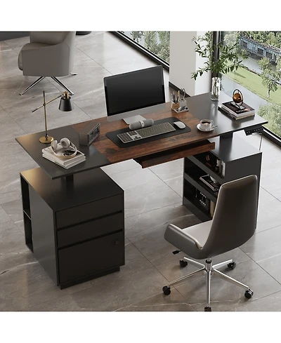 Homsee Electric Standing Desk - Height Adjustable Desk with Fingerprint Lock and Pegboard Tiger Wood Grain Computer Desk for Home Office