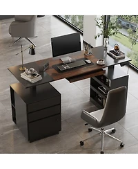 Homsee Electric Standing Desk - Height Adjustable Desk with Fingerprint Lock and Pegboard Tiger Wood Grain Computer Desk for Home Office