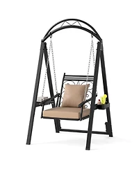 Sugift Metal Frame Porch Swing with Removable Cushions and Side Tables
