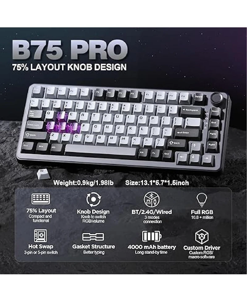 Lamicall B75 Pro 75% Knob Tri-Mode Hot Swap Pre-lubed Gaming Keyboard