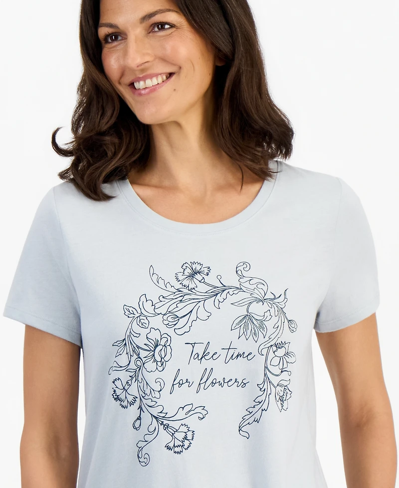 Style & Co Women's Perfect Time for Flowers Floral-Print Curved-Hem T-Shirt, Macy's Exclusive