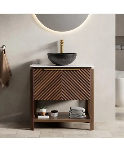 Sillysis 30" Modern Bathroom Vanity with Vessel Sink, Sintered Stone Countertop, Soft Close Solid Wood 3D Doors, Open Shelf Storage