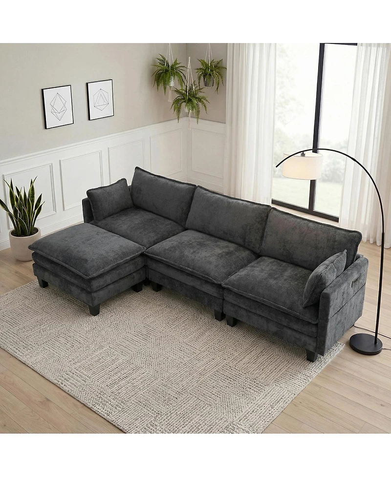Streamdale Furniture Modern Chenille 3-Seat Sofa with Ottoman Usb Ports and Side Pockets