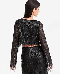 Lapointe X Macy's Women's Boat Neck Sequin Fringe Long-Sleeve Crop Top, Exclusive