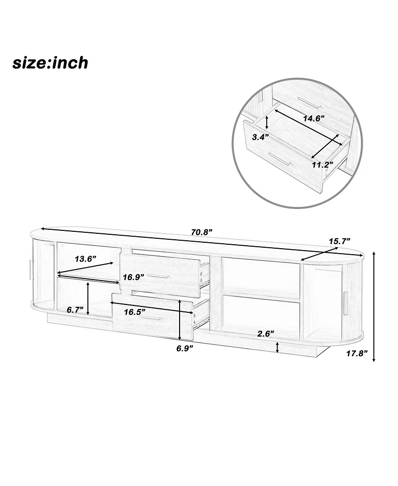 Streamdale Furniture Modern Tv Stand with Hidden Storage and Rounded Corners for 65''-70'' TVs