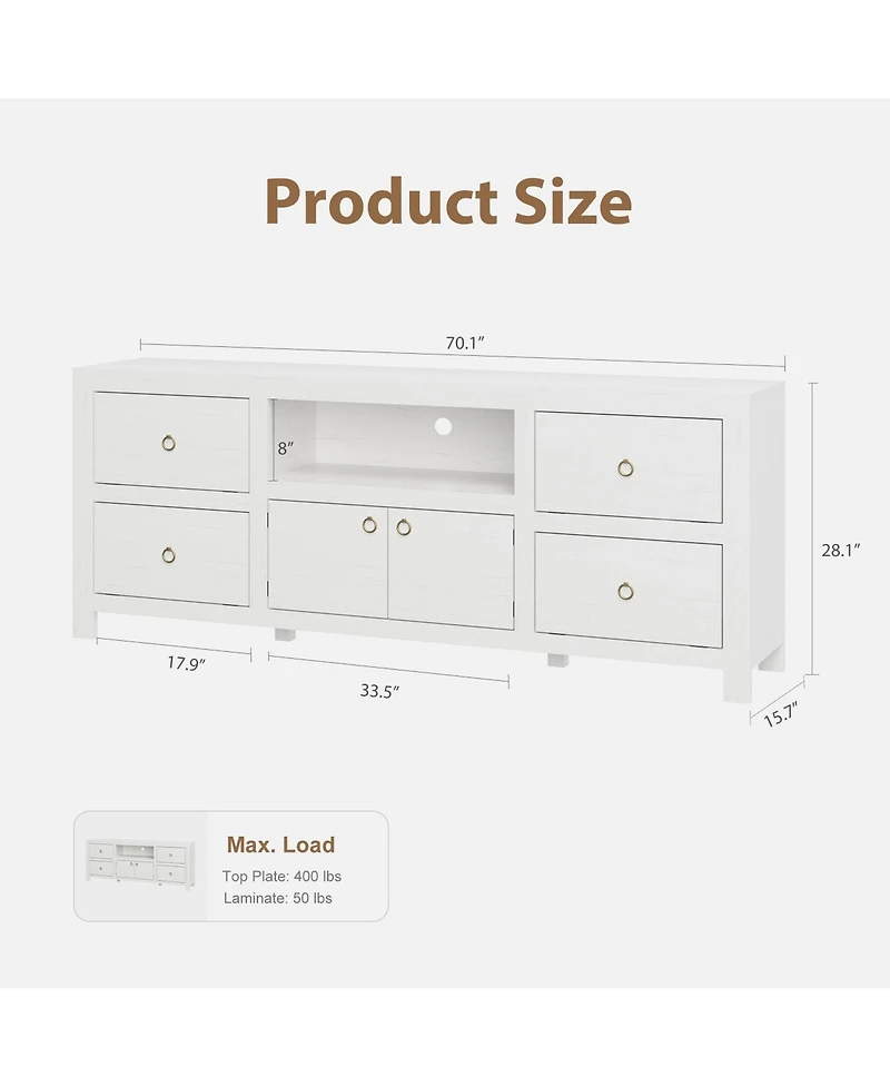 homfan Tv Stand for 70-80" Tv – 70" Farmhouse Entertain Center with Soundbar Shelf and 6 Drop-Down Doors, Holds 400 lbs for Living Room and Bed Room