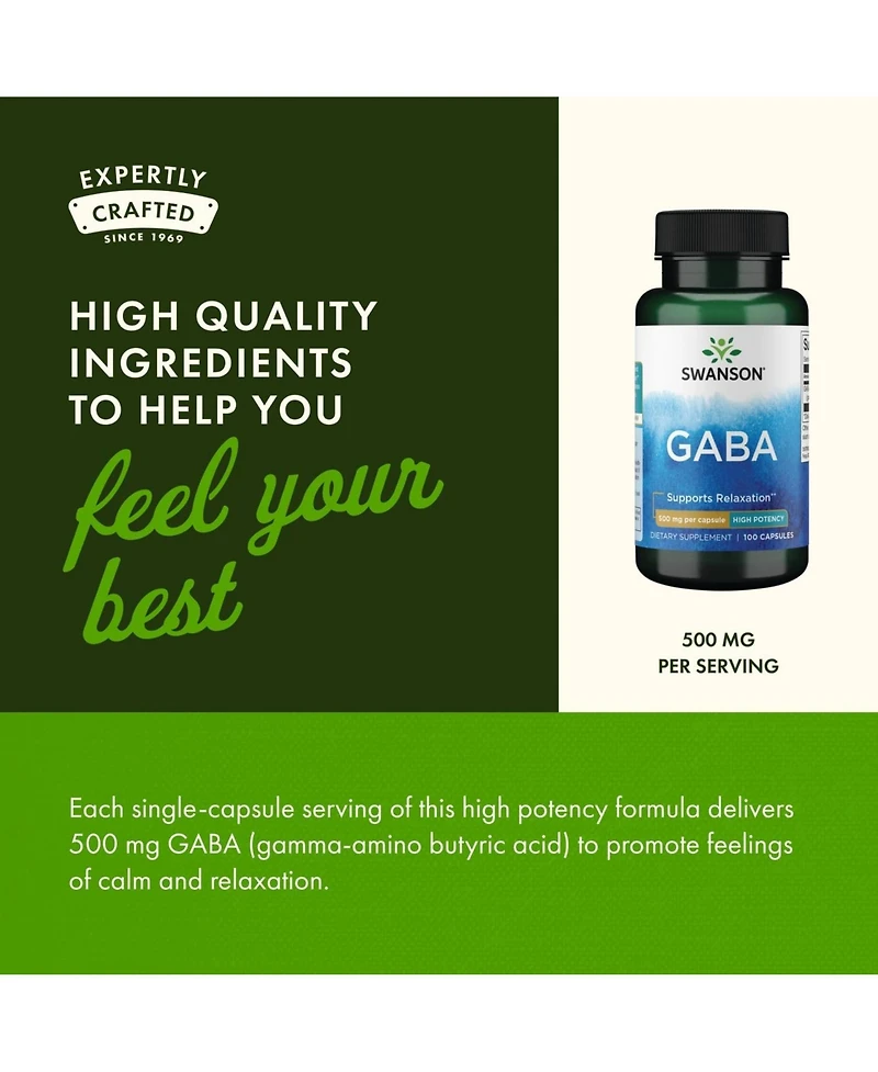 Swanson Gaba Amino Acid Supplement for Calm, Relaxation and Sleep Support High Potency Formula for Healthy Stress Levels 100 Capsules