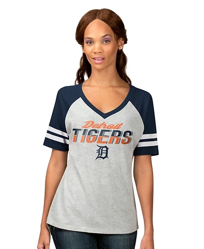 G-iii 4Her by Carl Banks Women's Heather Gray Detroit Tigers Goal Line Raglan V-Neck T-Shirt