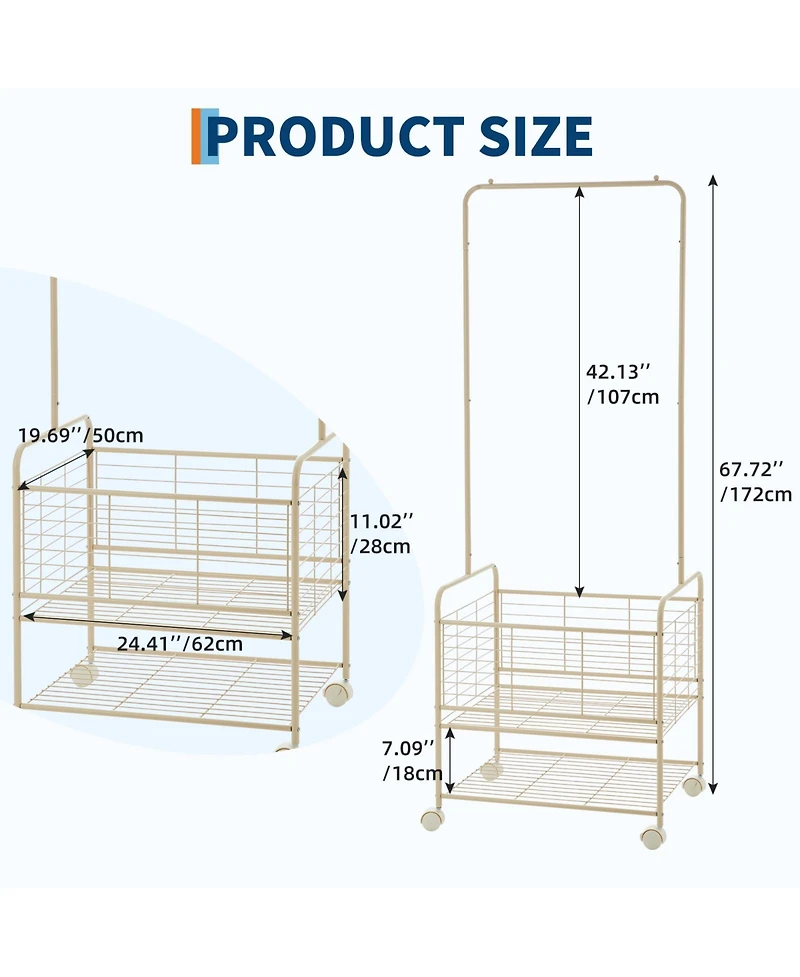 homfan Entryway Clothes Rack with Wheels and Storage Basket, 68 Inch Metal Hall Tree with Hanging Rod and Shelves for Coat, Bag, Shoe Storage