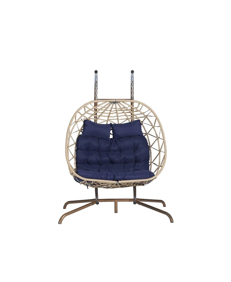Asagikoiai 2 Person Rattan Hanging Egg Chair with Stand, Double Outdoor Swing