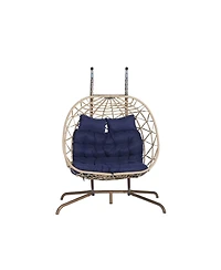 Asagikoiai 2 Person Rattan Hanging Egg Chair with Stand, Double Outdoor Swing