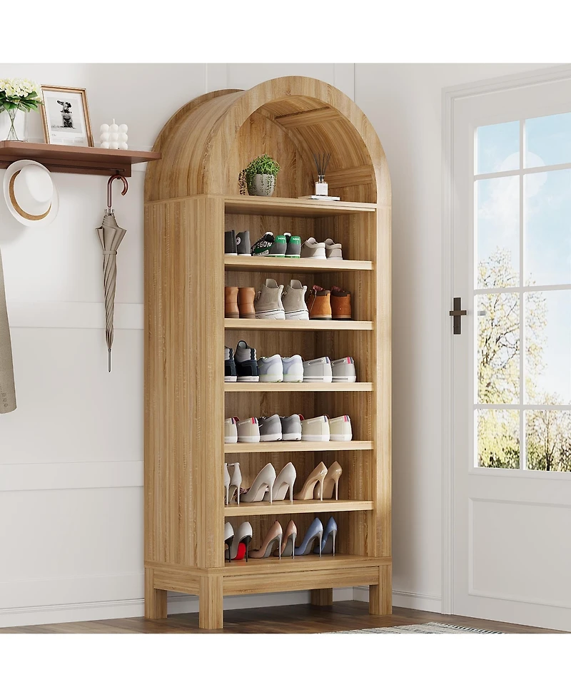 homfan Tall Shoe Cabinet, 70" Arched Storage Cabinet with 7 Tiers, Wooden Rack Adjustable Shelves
