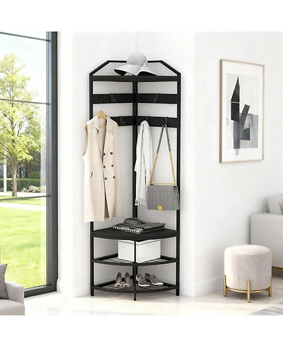 homfan 4-in-1 Corner Hall Tree Shoe Bench - 71in Tall Space-Saving Freestanding Entryway Organizer with 4 Storage Shelves and 6 Hooks