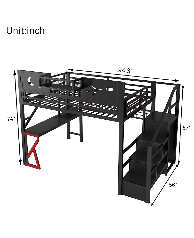 Streamdale Furniture Full Size Metal Loft Bed with Stairs Wardrobe and Storage Shelf