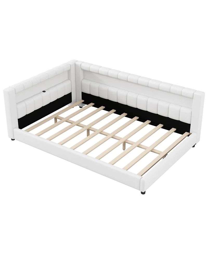 Streamdale Furniture Upholstered Platform Bed with Usb Ports and Led Belt Cream