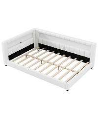 Streamdale Furniture Upholstered Platform Bed with Usb Ports and Led Belt Cream