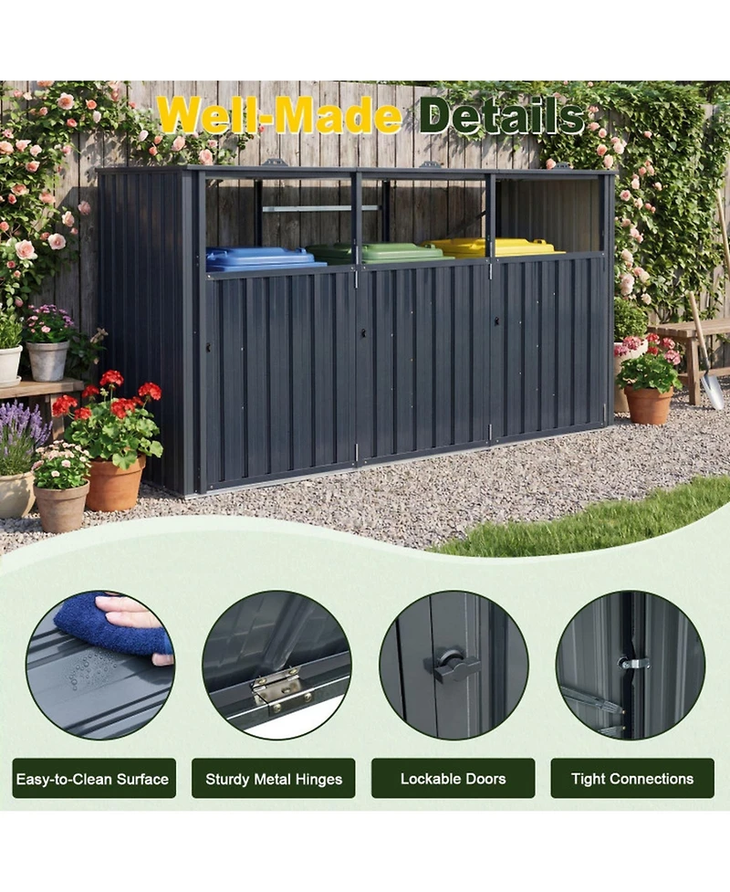 Sugift 3-Bin Metal Trash Can Storage Shed with Flip-Up Lids 94in x 31.5in x 49in