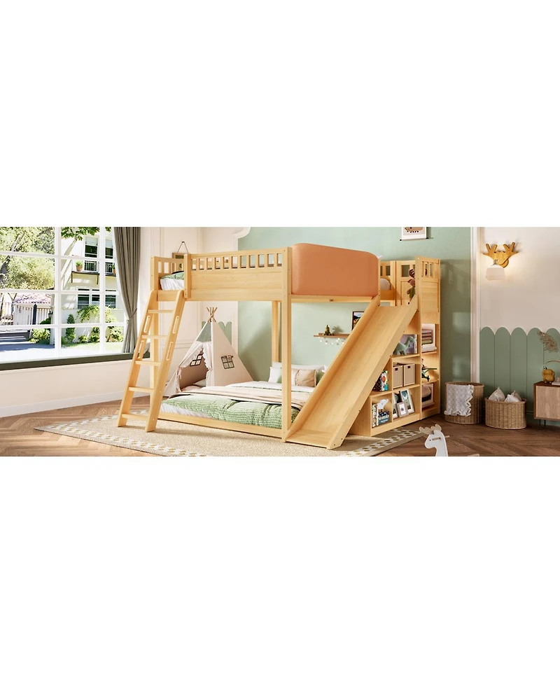 Streamdale Furniture Loft Bed with Upholstered Headboard Storage Ladder and Slide
