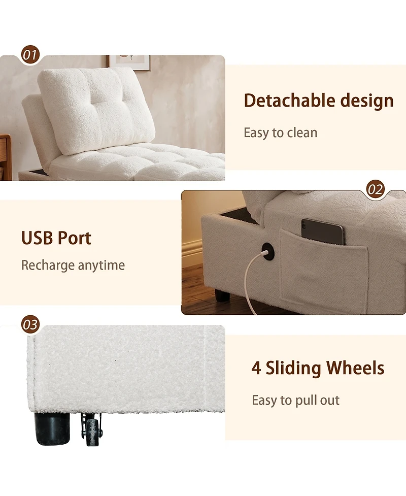 Streamdale Furniture Teddy Fabric Single Sofa Bed with Usb Port and Storage Pocket