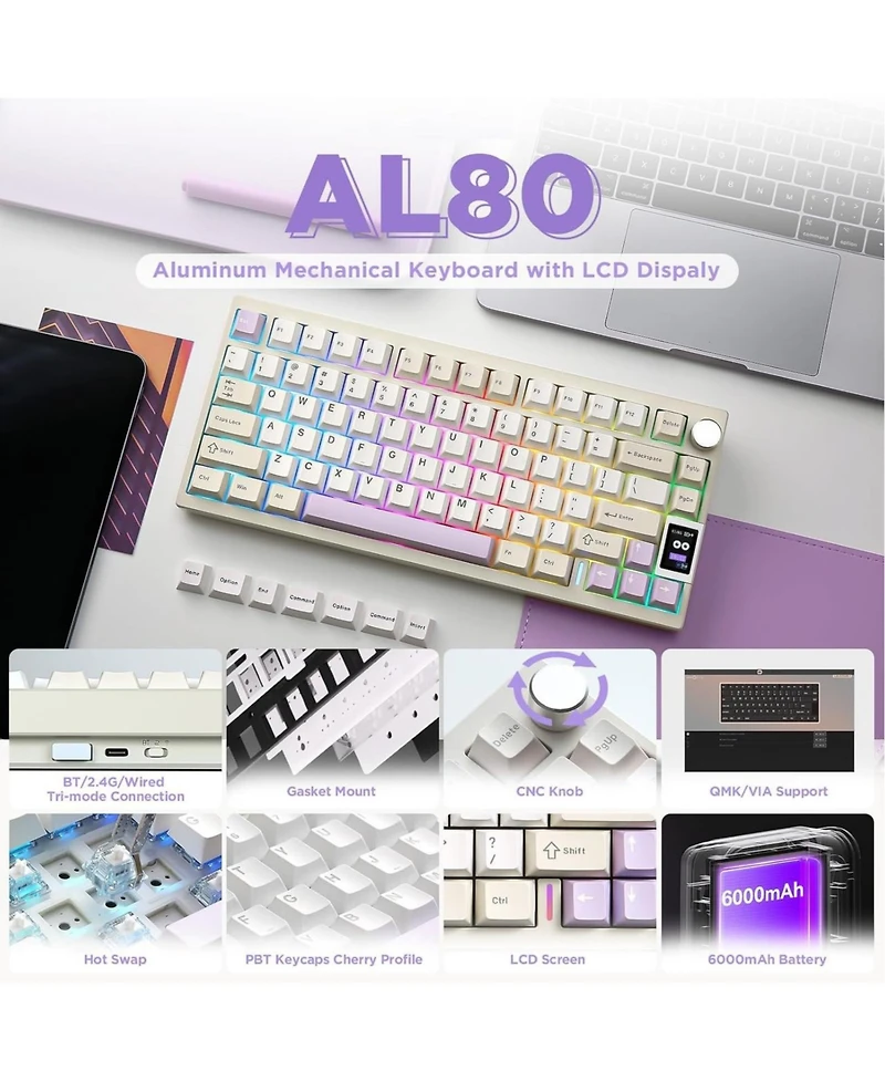 Lamicall AL80 75% Full Aluminum Lcd Display Tri-Mode Gaming Keyboard