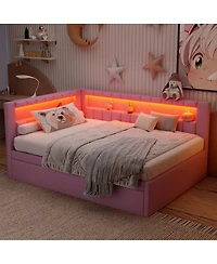Streamdale Furniture Full Size Upholstered Platform Bed with Led Usb Ports and Trundle