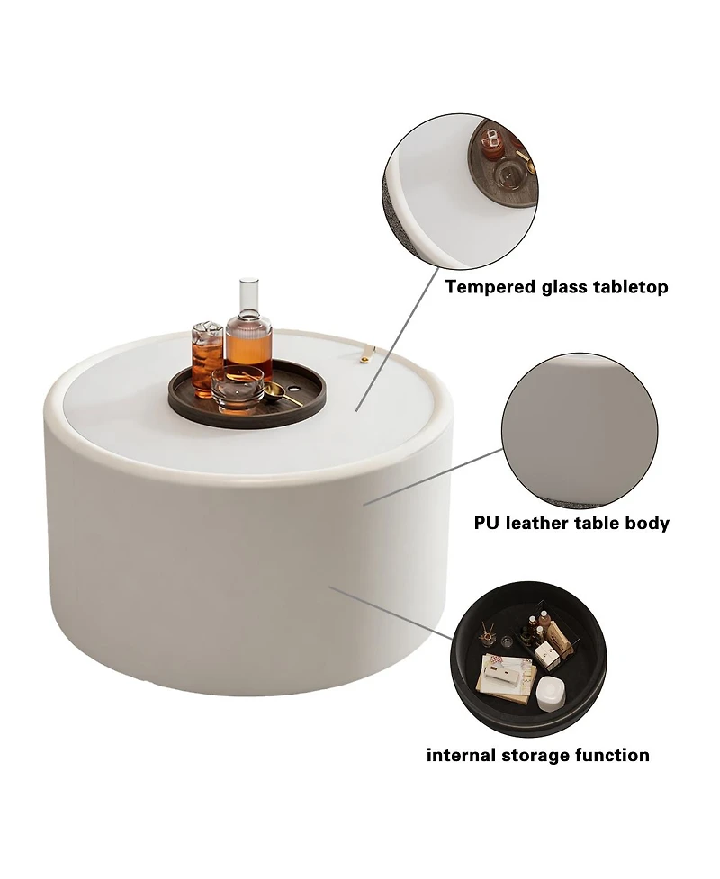 Streamdale Furniture Round Coffee Table with Tempered Glass Top and Hidden Storage
