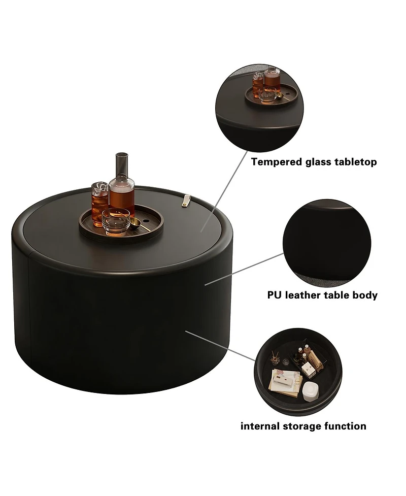 Streamdale Furniture Round Coffee Table with Tempered Glass Top and Hidden Storage