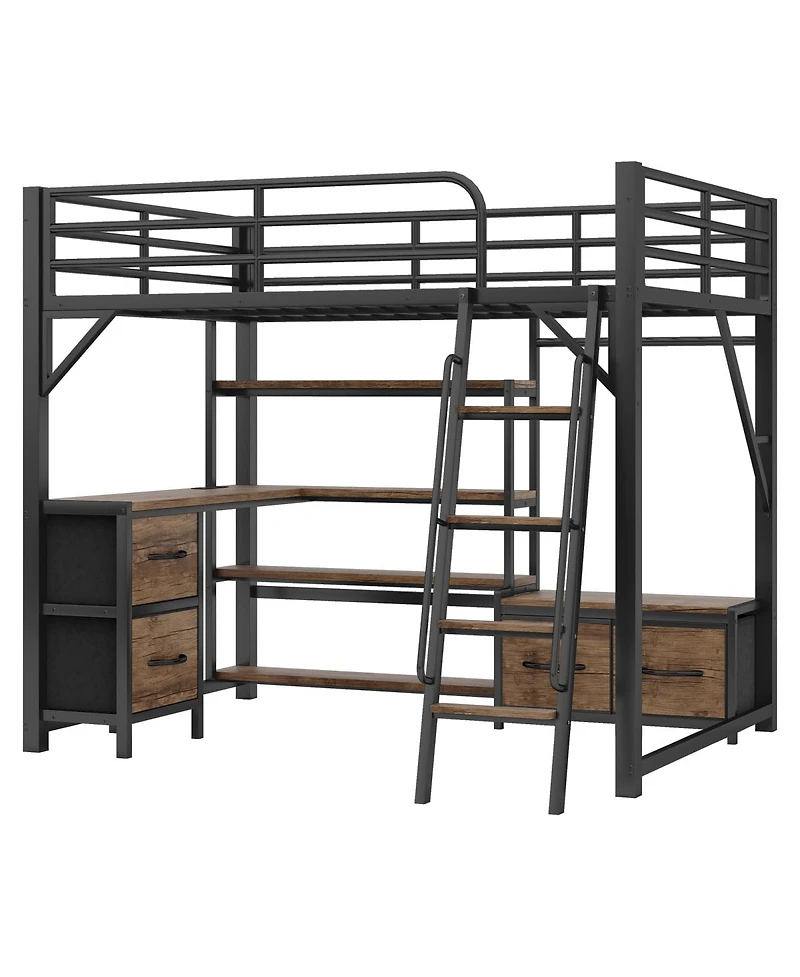 Streamdale Furniture Full Size Metal Loft Bed with Desk Storage Shelves Wardrobe and Drawers
