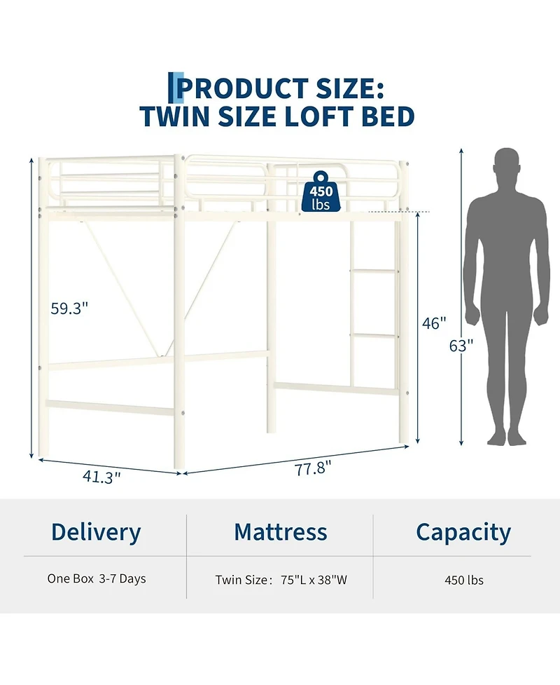 gaomon Twin Loft Bed for Kids/Teens, Heavy Duty Metal Frame with 11.7 inch Guardrail, Space Saving Workspace Underneath