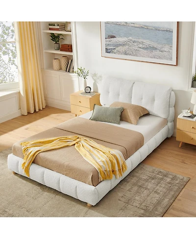 Streamdale Furniture Queen Boucle Fabric Platform Bed with Solid Wood Legs