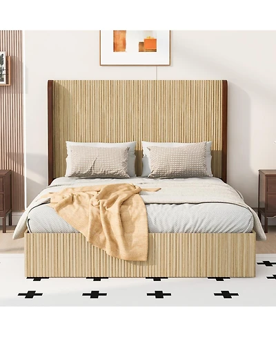 Streamdale Furniture Queen Size Serrated Wooden Platform Bed with Wing-Shaped Headboard