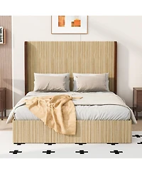 Streamdale Furniture Queen Size Serrated Wooden Platform Bed with Wing-Shaped Headboard
