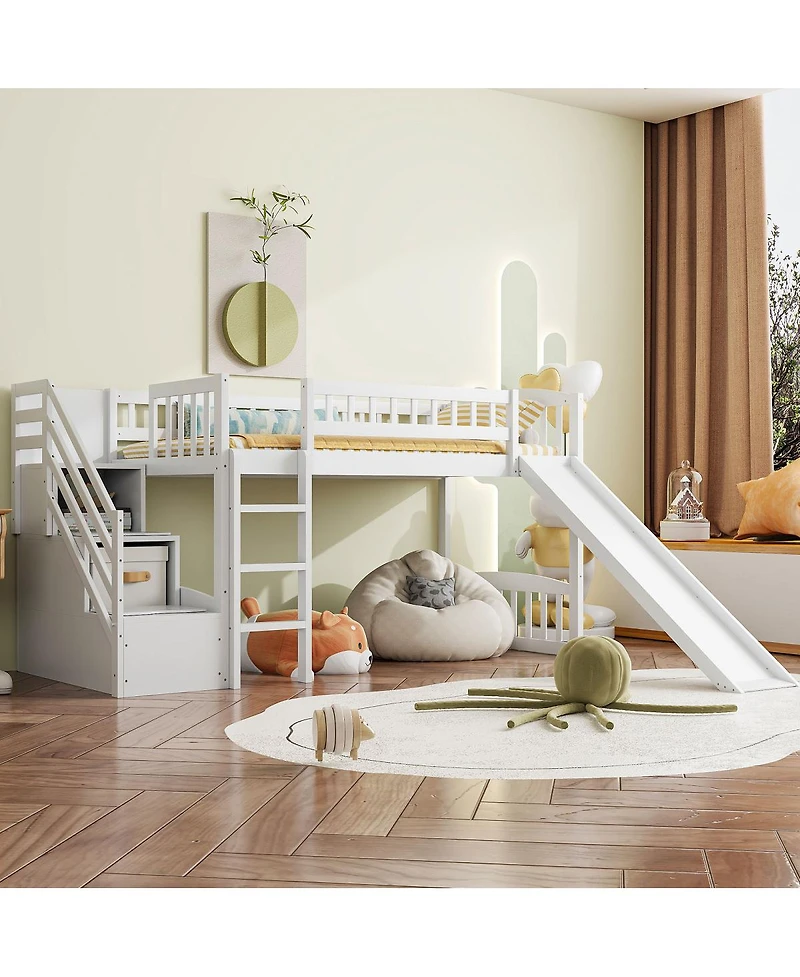 Streamdale Furniture Stairway Twin Size Loft Bed with Two Drawers and Slide