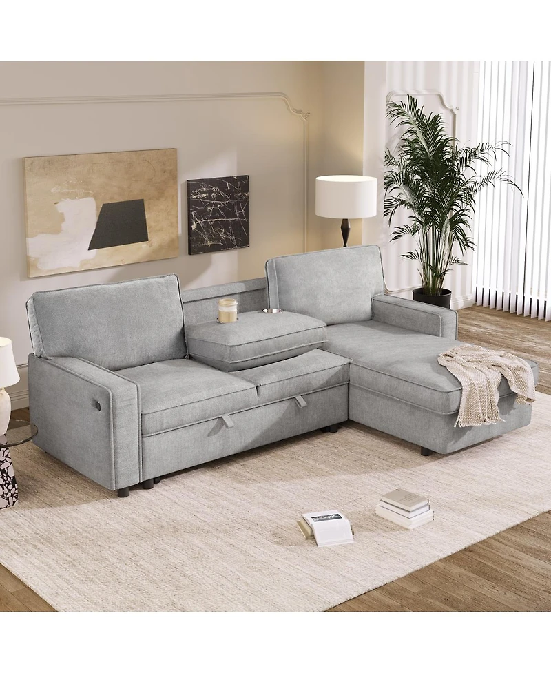 Streamdale Furniture Upholstery Sleeper Sectional Sofa with Storage Usb Port and 2 Cup Holders