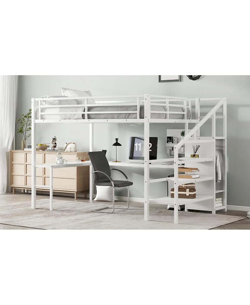 Streamdale Furniture Queen Loft Bed with L-Shaped Desk Wardrobe and Led Lights