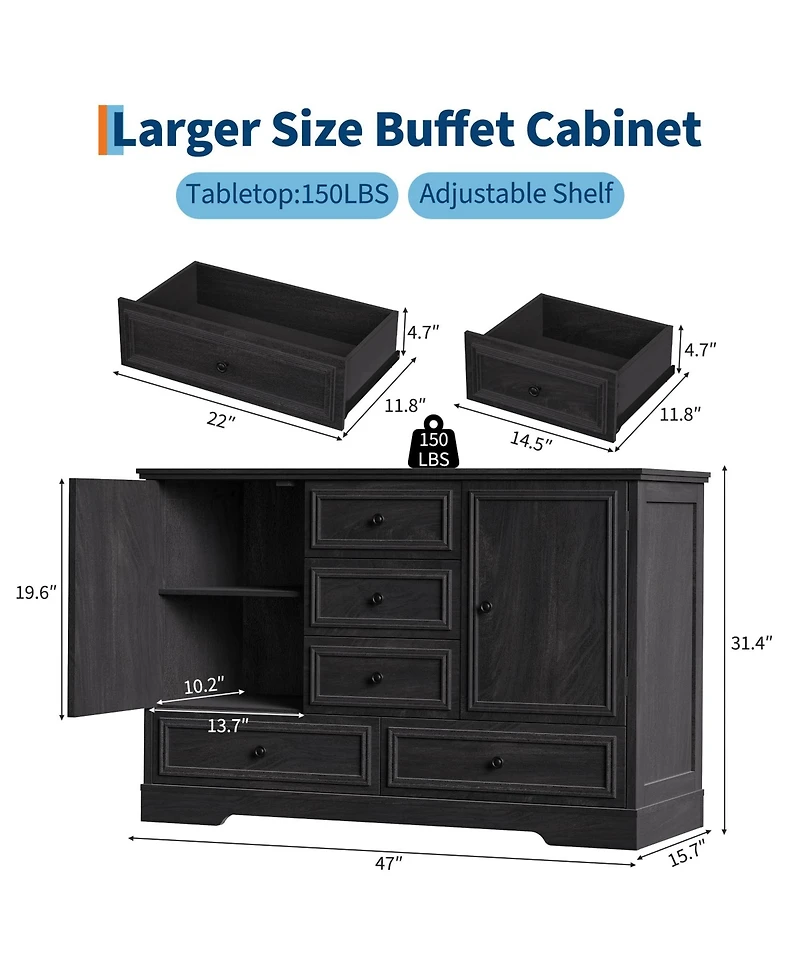 homfan Farmhouse Sideboard Buffet Cabinet with 5 Drawers and 2 Doors Coffee Bar Console Table for Dining Room Living Entryway