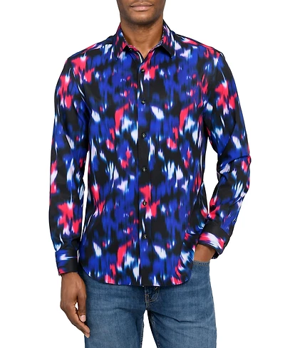 Society of Threads Men's Regular Fit 4-Way Stretch Performance Faded Line Long Sleeve Button Down