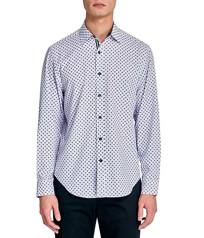 Society of Threads Men's Regular Fit 4-Way Stretch Performance Origami Dot Long Sleeve Button Down
