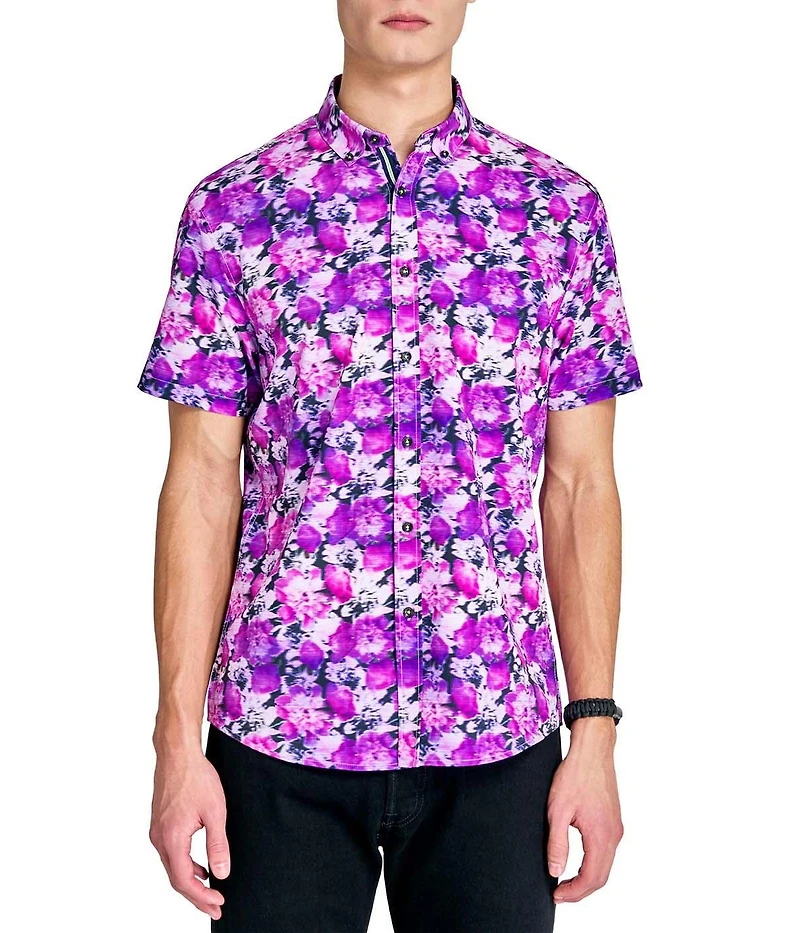 Society of Threads Men's Regular Fit 4-Way Stretch Performance Blooming Floral Short Sleeve Button Down