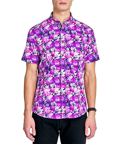 Society of Threads Men's Regular Fit 4-Way Stretch Performance Blooming Floral Short Sleeve Button Down