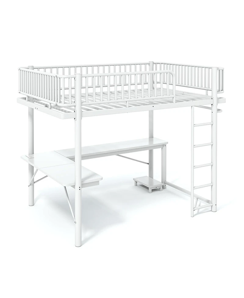 Streamdale Furniture Queen Metal Loft Bed with L-Shaped Desk Led Lights and Charging Station