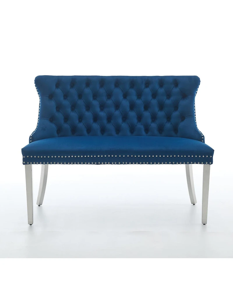 Streamdale Furniture Velvet Tufted Double Dining Loveseat Bench with Brushed Silver Legs