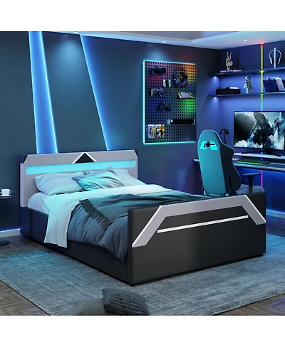 Streamdale Furniture Queen Size Led Gaming Bed with Hydraulic Storage Cyberpunk Style