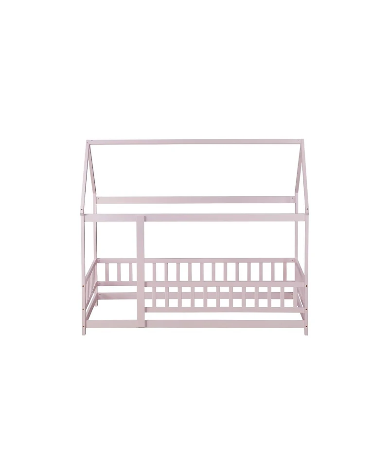Streamdale Furniture Twin Size House Floor Wooden Bed with Roof Frame Safety Guardrails